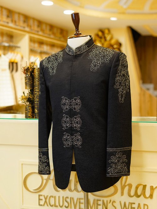 Men’s Black Prince Coat with Intricate Embroidery