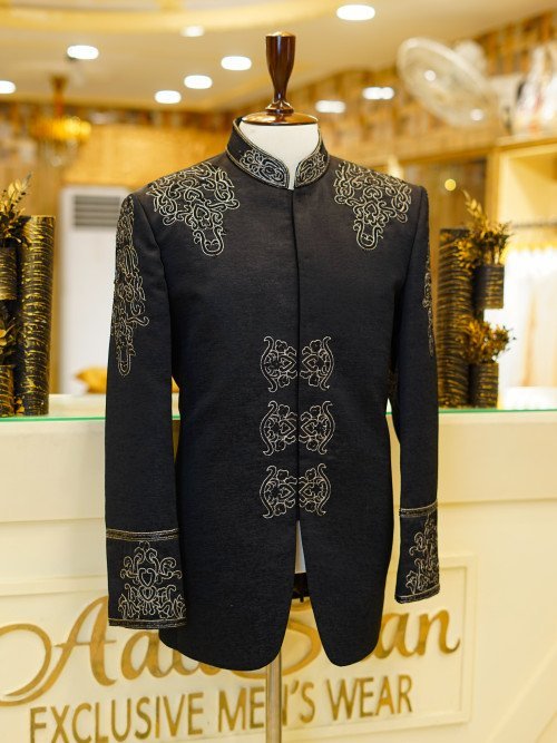 Men’s Black Prince Coat with Intricate Embroidery