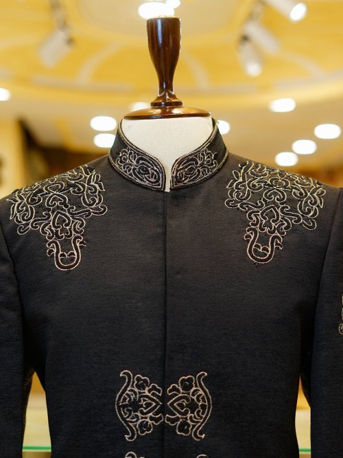 Men’s Black Prince Coat with Intricate Embroidery