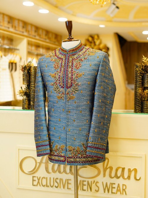 Mirror & Embroidery Work Prince Coat for Men