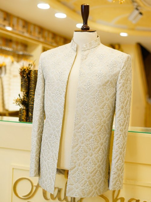 Men’s White Prince Coat with Intricate Embroidery