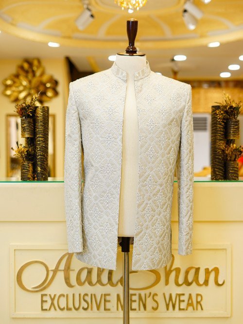 Men’s White Prince Coat with Intricate Embroidery