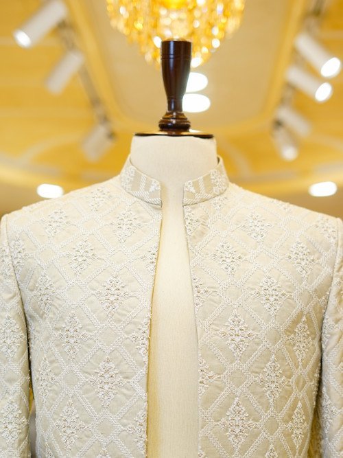 Men’s White Prince Coat with Intricate Embroidery