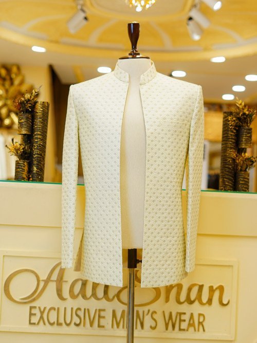 Custom-Made Fully Embroidered Open Front Cream White Prince Coat for Groom – Graceful & Regal