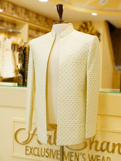Custom-Made Fully Embroidered Open Front Cream White Prince Coat for Groom – Graceful & Regal