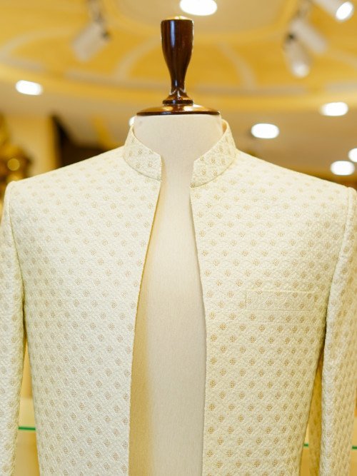Custom-Made Fully Embroidered Open Front Cream White Prince Coat for Groom – Graceful & Regal