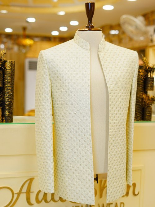 Custom-Made Fully Embroidered Open Front Cream White Prince Coat for Groom – Graceful & Regal