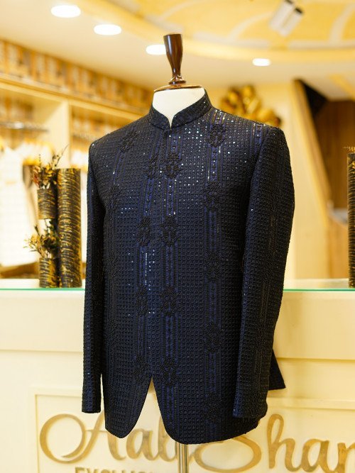 Navy Blue Prince Coat with Black Embroidery – Bold & Sophisticated