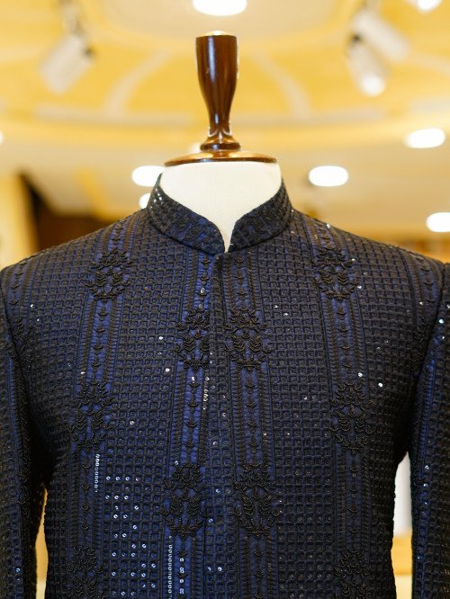 Navy Blue Prince Coat with Black Embroidery – Bold & Sophisticated