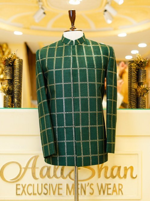 Green Prince Coat with Gold Embroidery – Regal & Festive Elegance