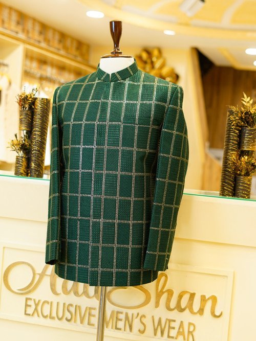 Green Prince Coat with Gold Embroidery – Regal & Festive Elegance