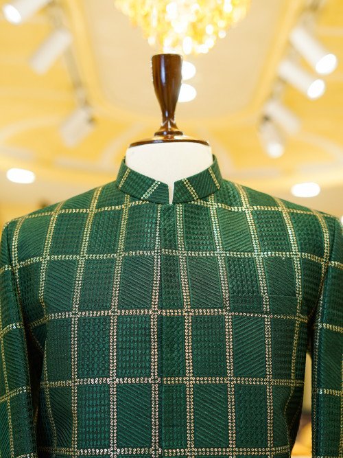 Green Prince Coat with Gold Embroidery – Regal & Festive Elegance