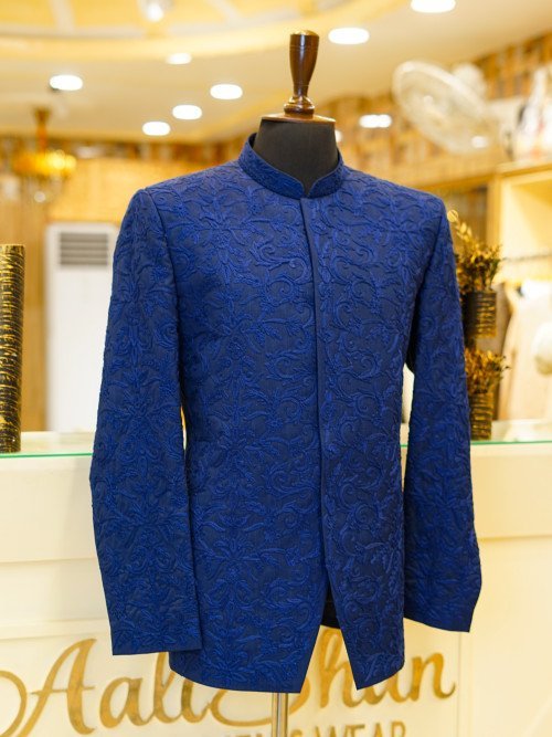 Blue Fully Embroidered Prince Coat – Royal Elegance for Men