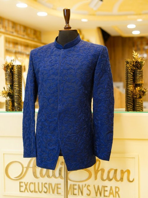 Blue Fully Embroidered Prince Coat – Royal Elegance for Men