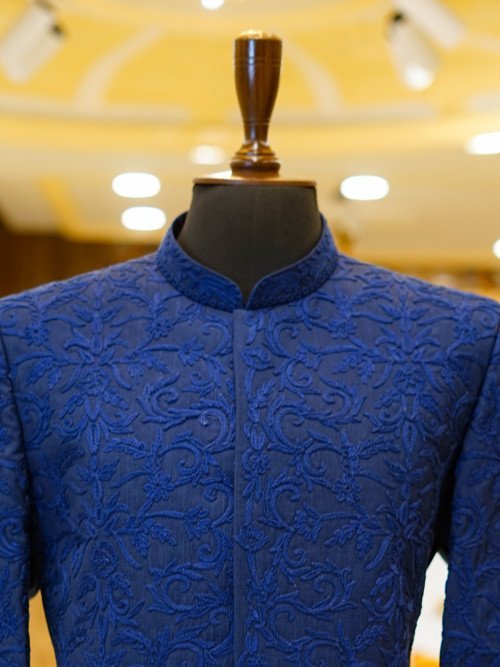 Blue Fully Embroidered Prince Coat – Royal Elegance for Men