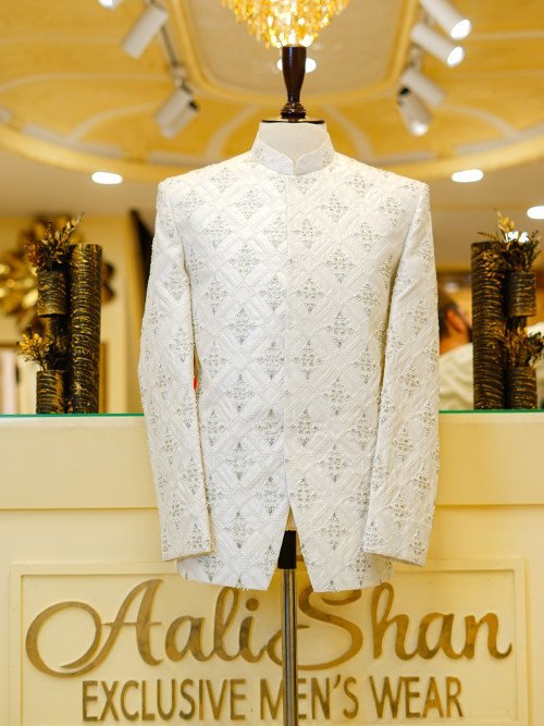 Handmade Embroidered White Prince Coat – Elegant & Timeless