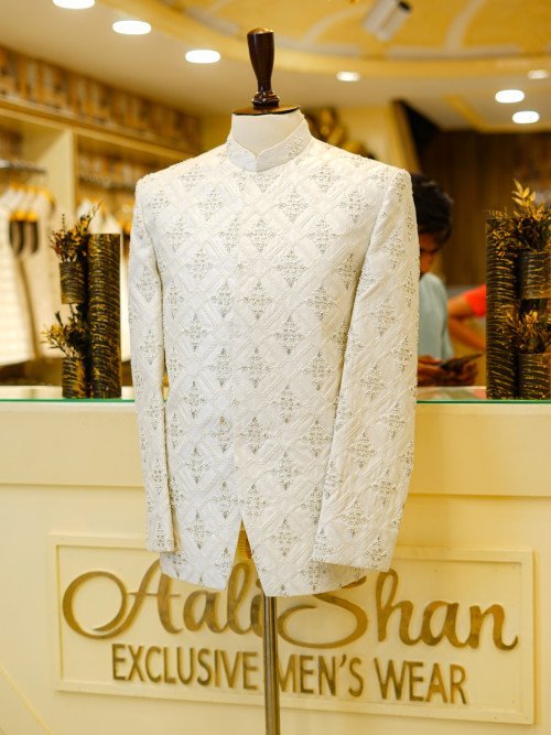 Handmade Embroidered White Prince Coat – Elegant & Timeless