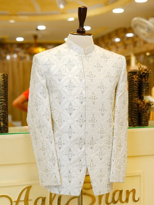 Handmade Embroidered White Prince Coat – Elegant & Timeless
