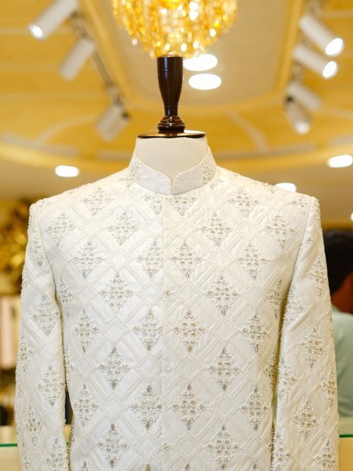 Handmade Embroidered White Prince Coat – Elegant & Timeless