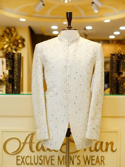 White Embroidered Prince Coat with Mirror Work – Sparkling Elegance