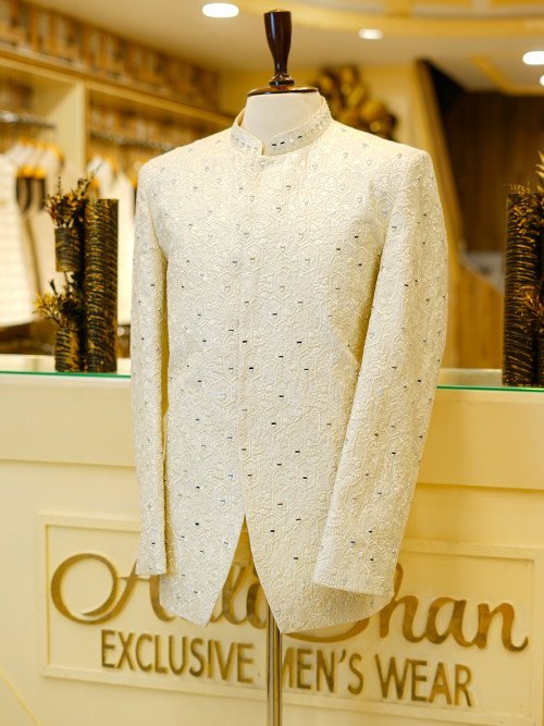 White Embroidered Prince Coat with Mirror Work – Sparkling Elegance