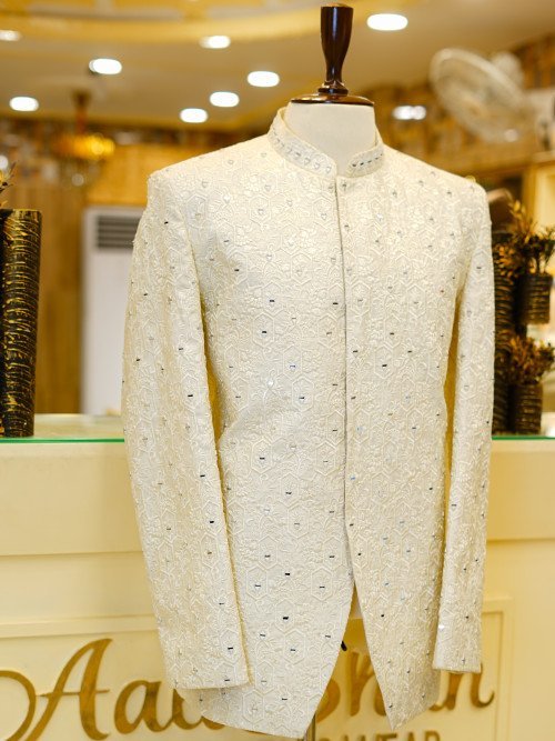 White Embroidered Prince Coat with Mirror Work – Sparkling Elegance