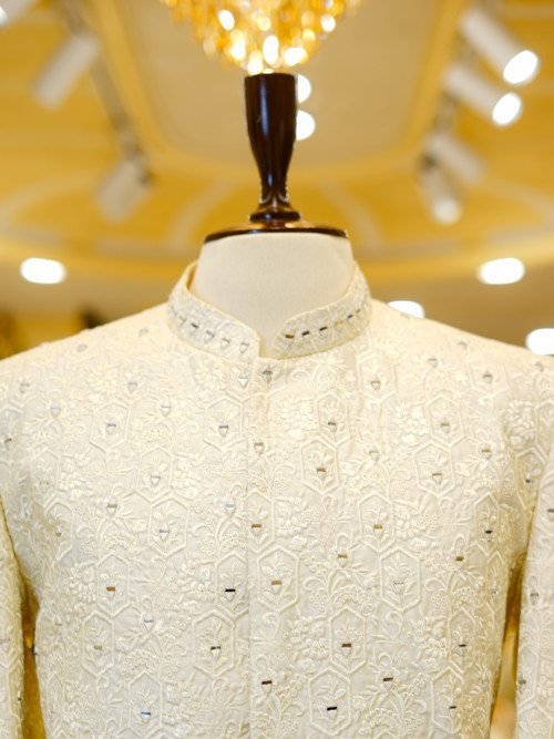 White Embroidered Prince Coat with Mirror Work – Sparkling Elegance