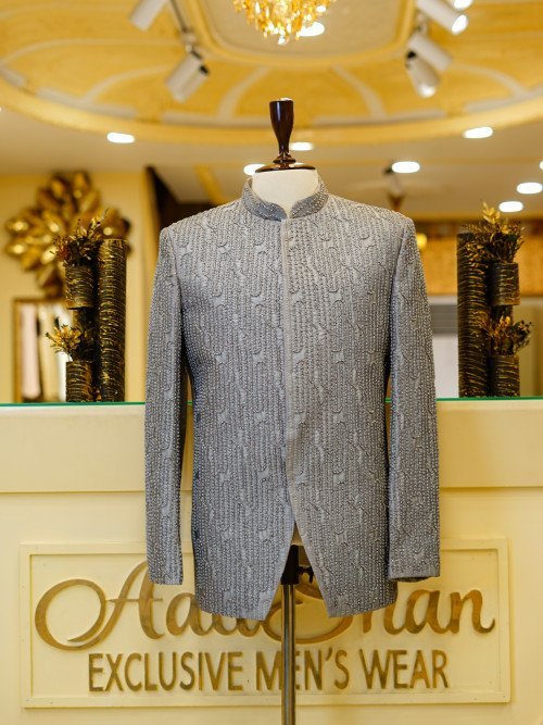 Gray Prince Coat with Handmade Embroidery – Subtle Elegance