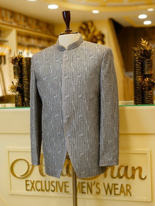 Gray Prince Coat with Handmade Embroidery – Subtle Elegance