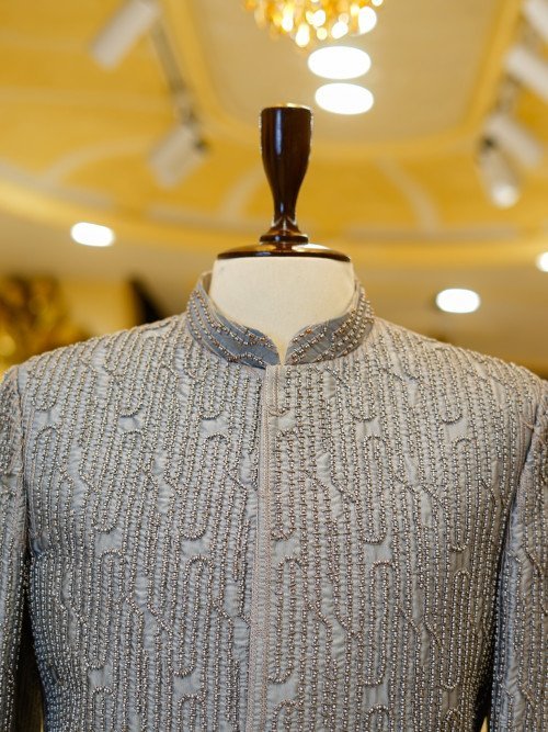 Gray Prince Coat with Handmade Embroidery – Subtle Elegance