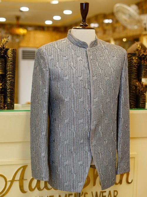 Gray Prince Coat with Handmade Embroidery – Subtle Elegance