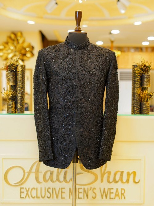 Black Prince Coat with Handmade Full Embroidery – Regal & Refined