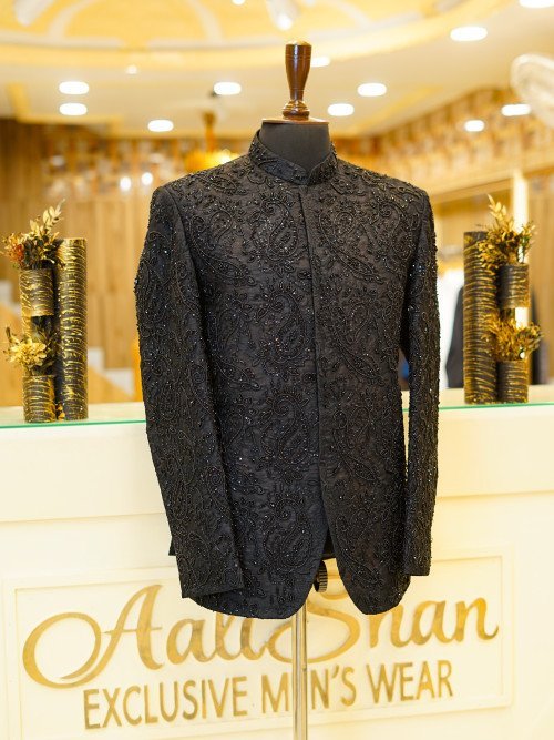 Black Prince Coat with Handmade Full Embroidery – Regal & Refined