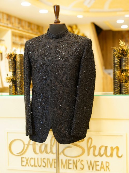 Black Prince Coat with Handmade Full Embroidery – Regal & Refined