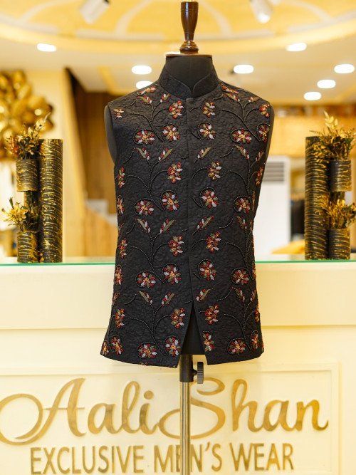 Men’s Black Embroidered Waistcoat with Floral Styling