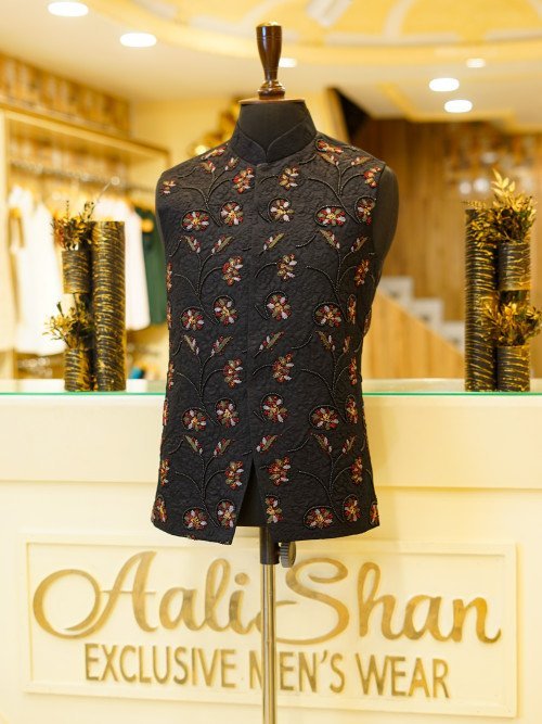 Men’s Black Embroidered Waistcoat with Floral Styling