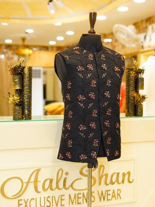 Men’s Black Embroidered Waistcoat with Floral Styling