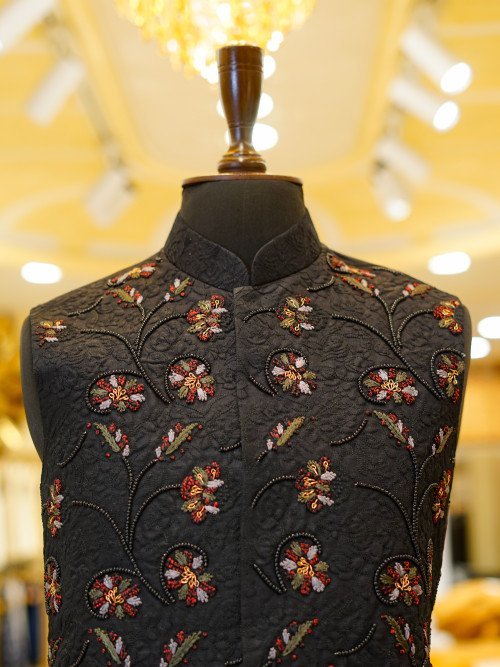 Men’s Black Embroidered Waistcoat with Floral Styling