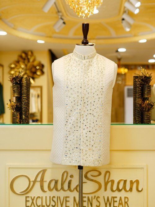 Skin White Embroidered Waistcoat with Mirror Work