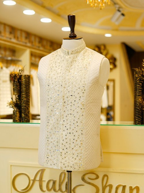 Skin White Embroidered Waistcoat with Mirror Work