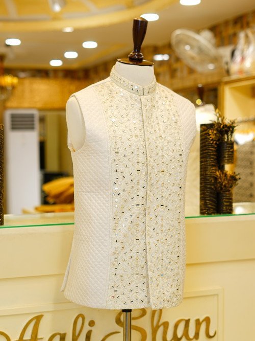 Skin White Embroidered Waistcoat with Mirror Work