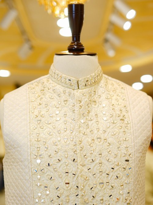 Skin White Embroidered Waistcoat with Mirror Work