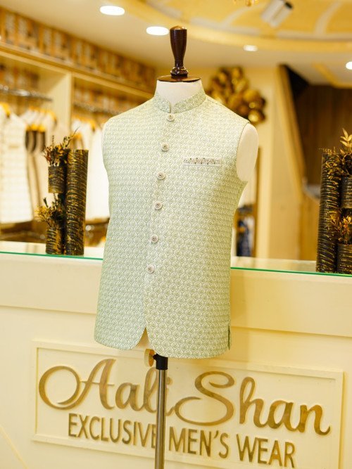 Green & White Embroidered Waistcoat with Stylish Detailing