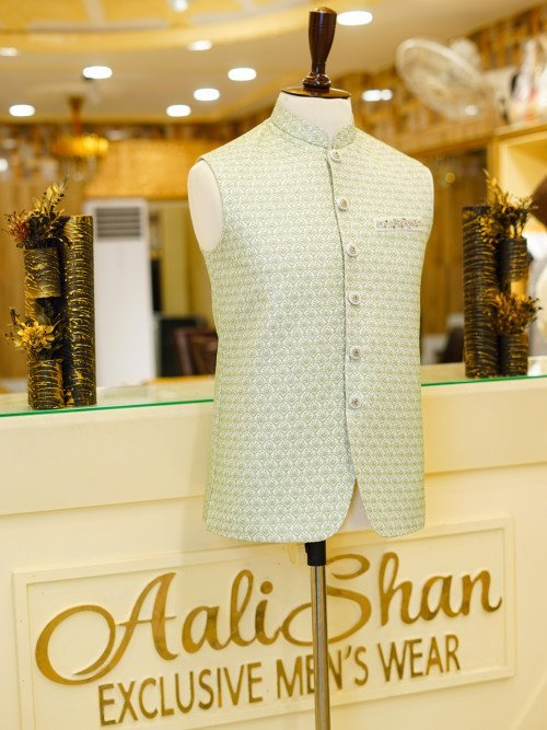 Green & White Embroidered Waistcoat with Stylish Detailing