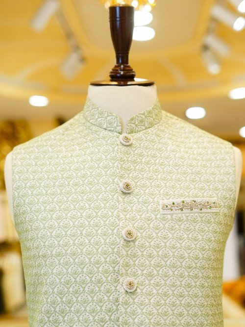 Green & White Embroidered Waistcoat with Stylish Detailing