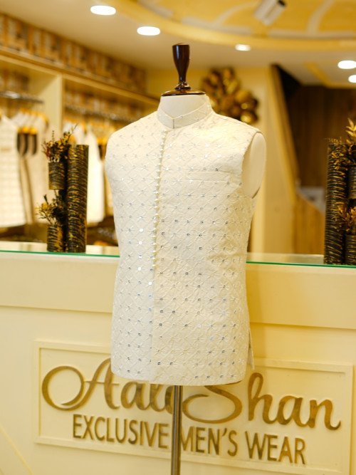Cream Waistcoat with Embroidery and Mirror Work