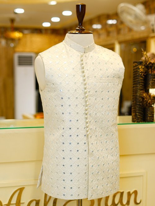 Cream Waistcoat with Embroidery and Mirror Work
