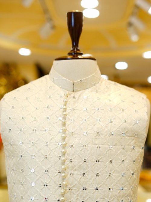 Cream Waistcoat with Embroidery and Mirror Work