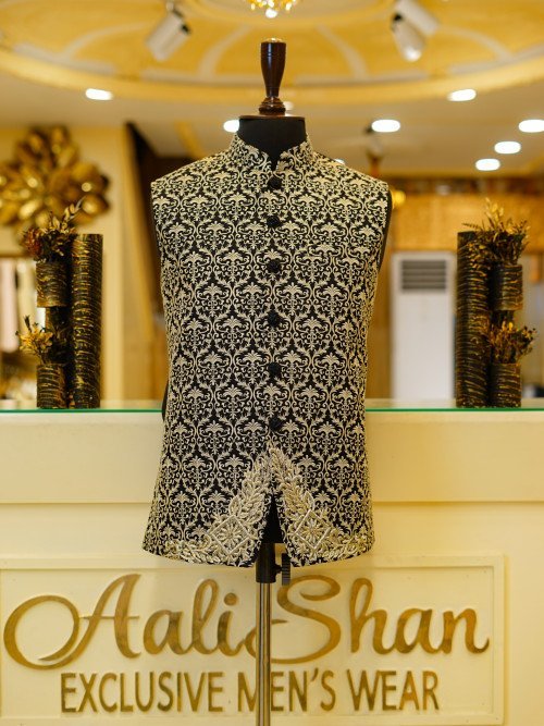 Black Waistcoat with Subtle Skin-Tone Embroidery