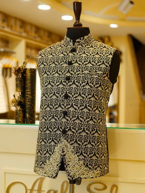 Black Waistcoat with Subtle Skin-Tone Embroidery
